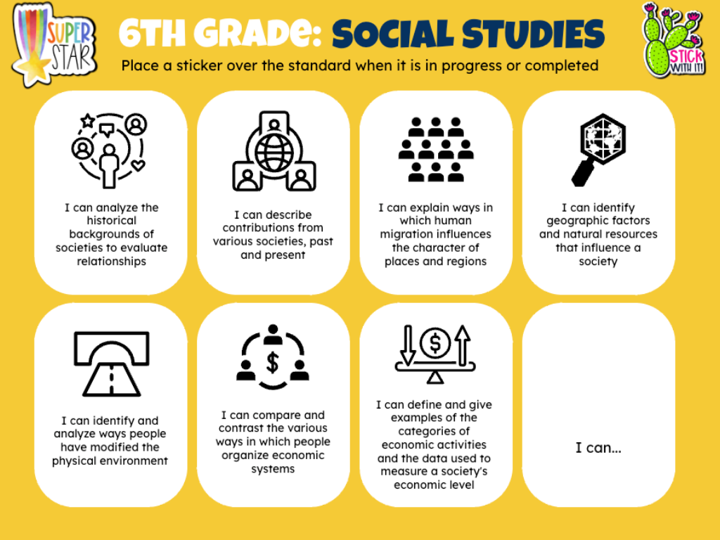 A colorful, interactive "6th Grade: Social Studies" template where students can track their progress on various social studies standards by placing stickers when a standard is in progress or completed.