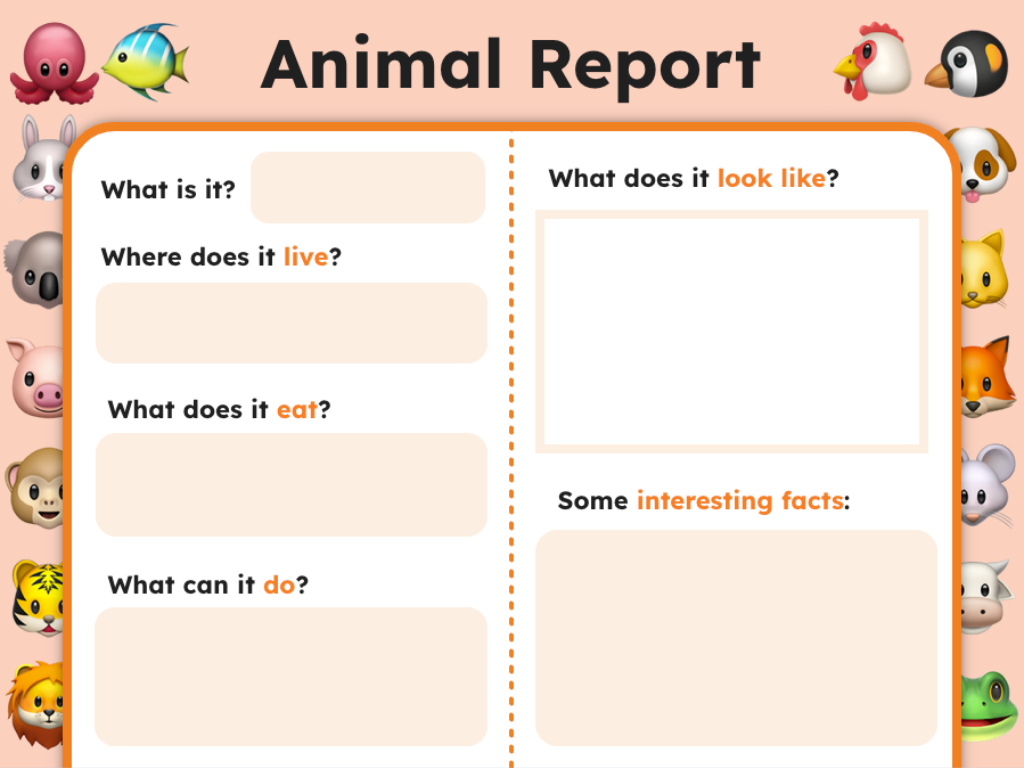 An "Animal Report" template designed for students to complete information about an animal.