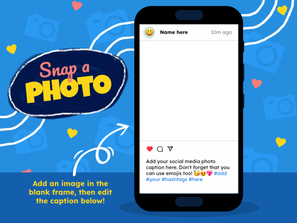 A "Snap a Photo" template designed to mimic a social media post. The template shows an image of a smartphone screen with a blank frame in the center, where students can insert an image.